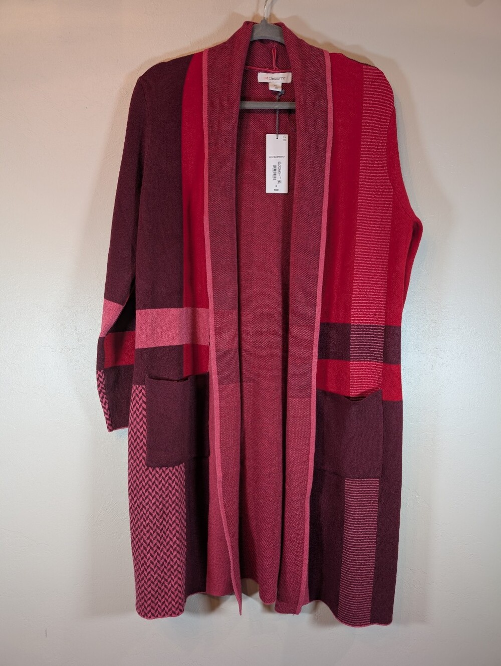 Liz Claiborne Red Open-Front Colorblock Cardigan Striped Soft Knit Size M Cozy